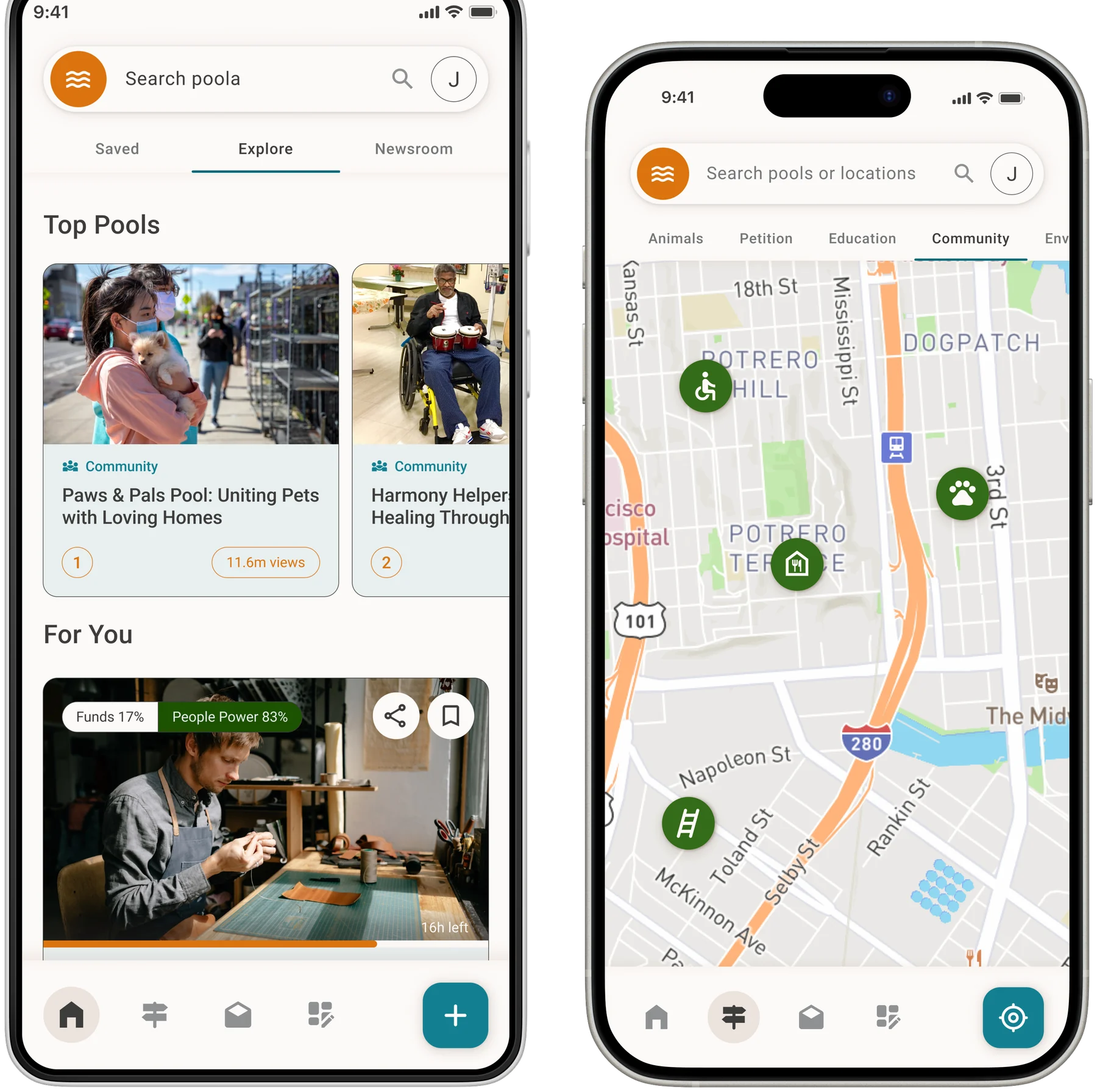 Poola Explore feed and map view of local Pools by category