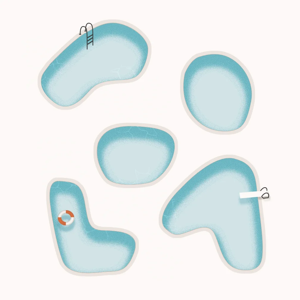 The Poola illustration — the letters P, O, O, L, A drawn as swimming pools